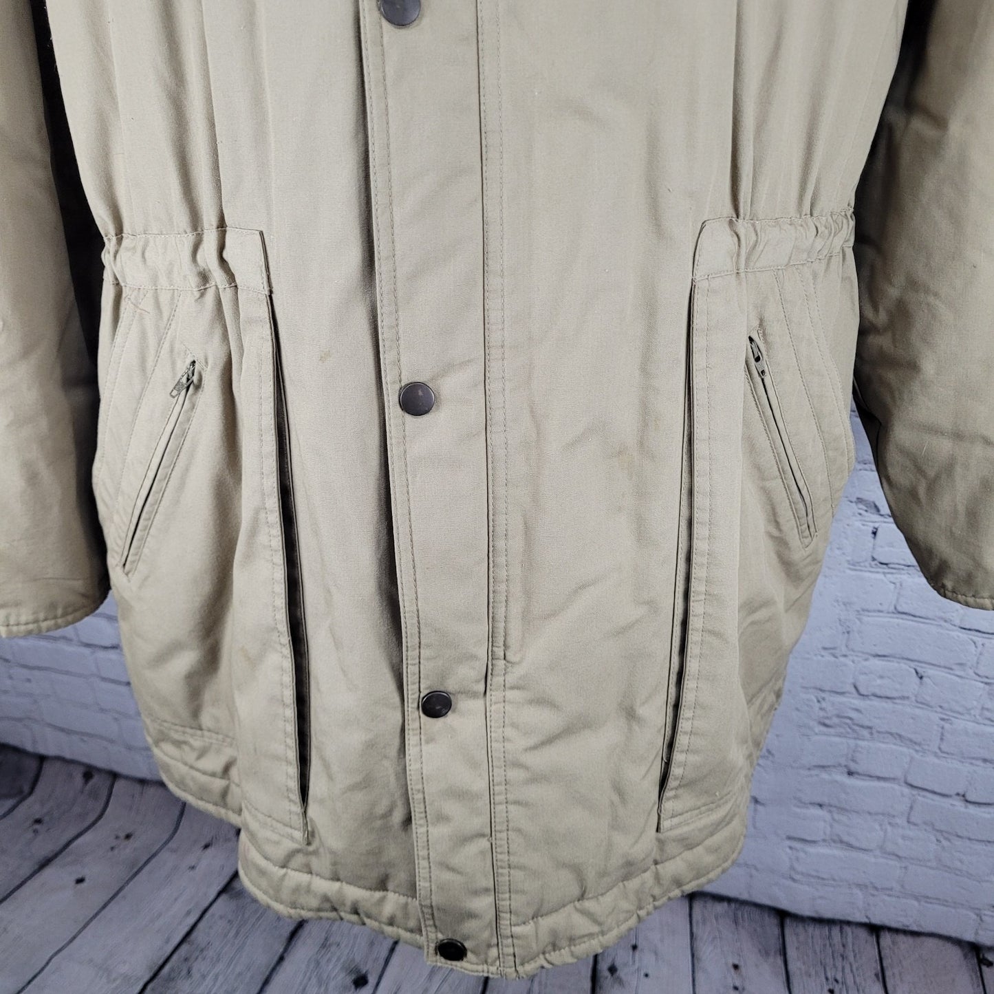 London Fog Towne Tan Removable Hood Plaid Lined Full Zip Coat Size Large L