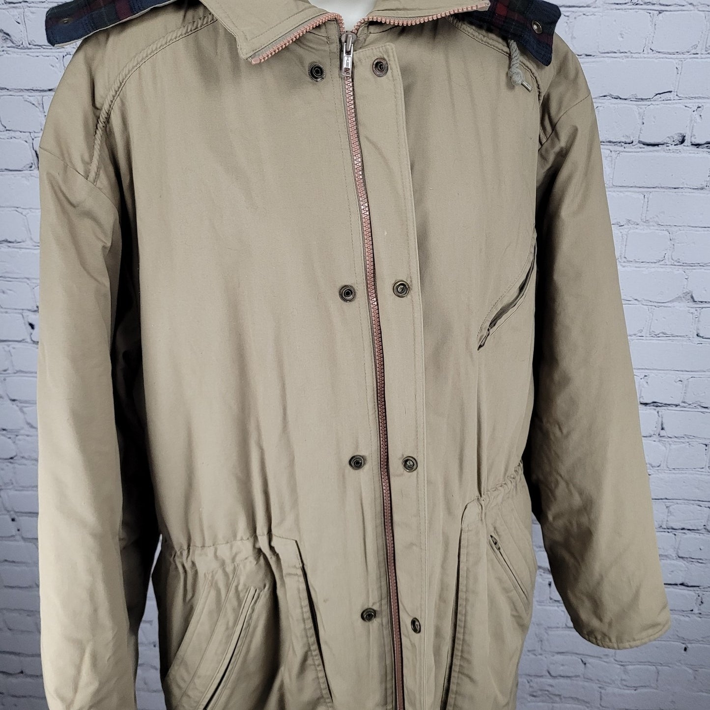London Fog Towne Tan Removable Hood Plaid Lined Full Zip Coat Size Large L