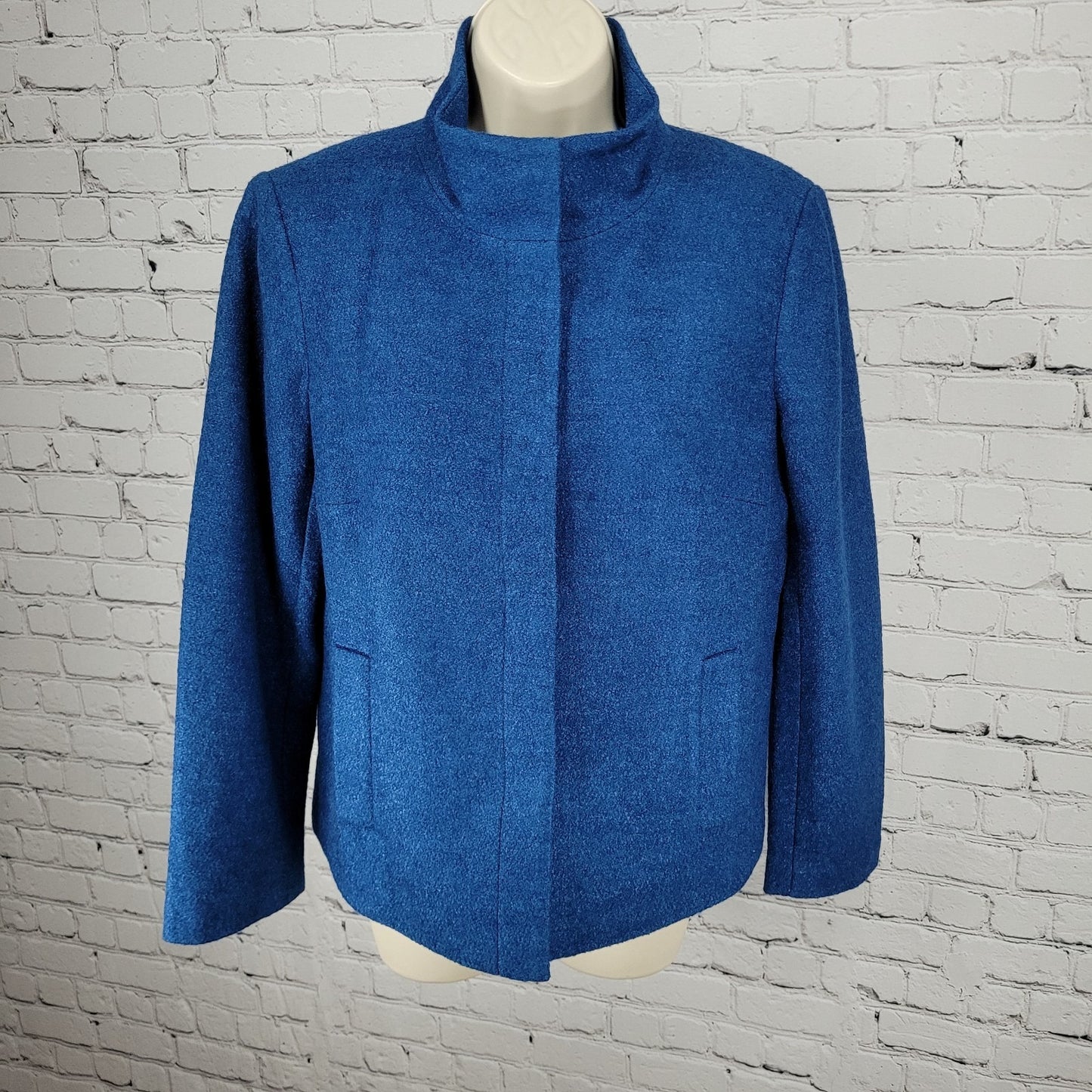 Talbots Blue Wool Blend Lightweight High Neck Snap Lined Pockets Jacket Size 6
