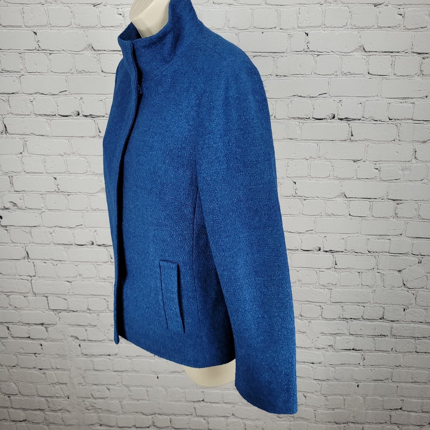Talbots Blue Wool Blend Lightweight High Neck Snap Lined Pockets Jacket Size 6