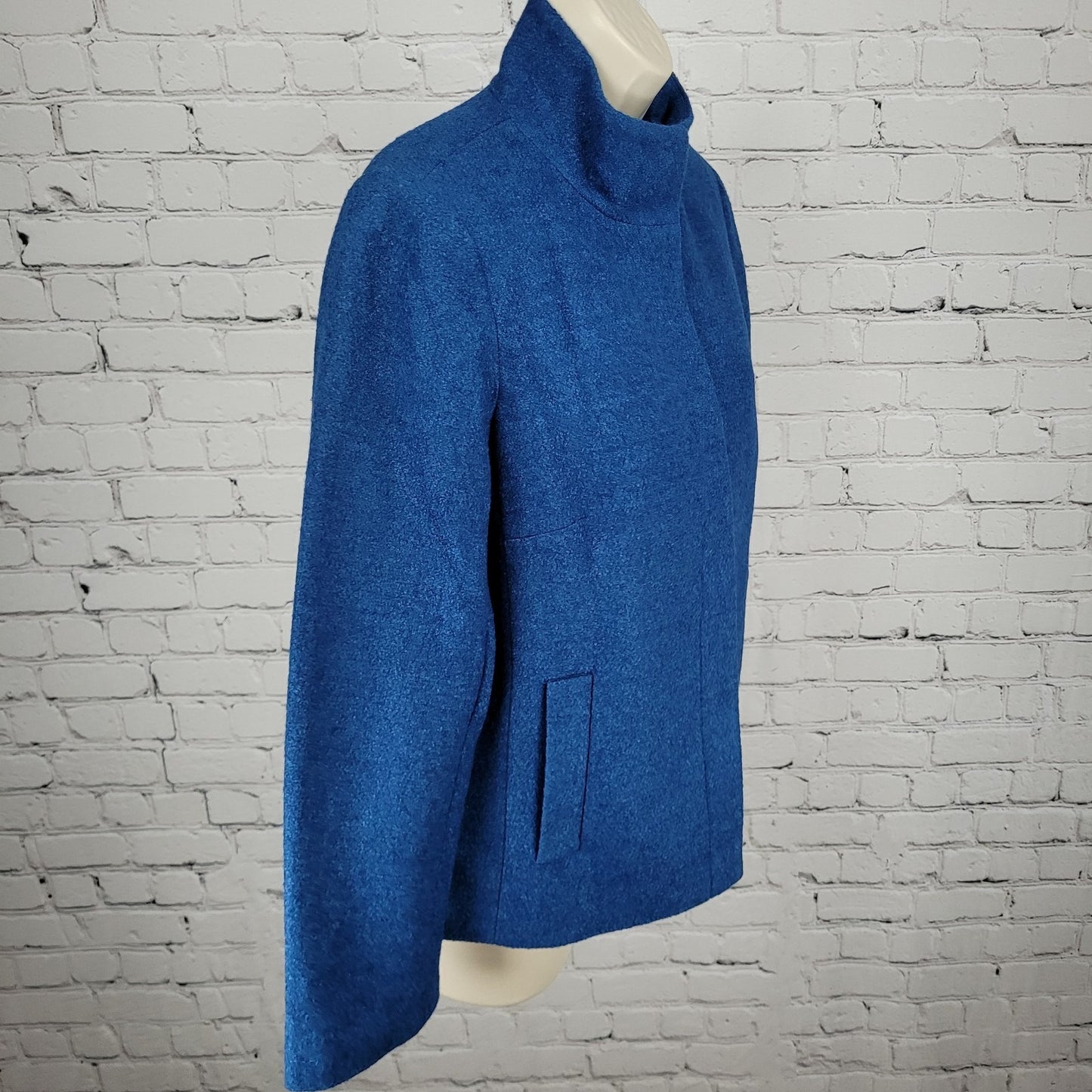 Talbots Blue Wool Blend Lightweight High Neck Snap Lined Pockets Jacket Size 6