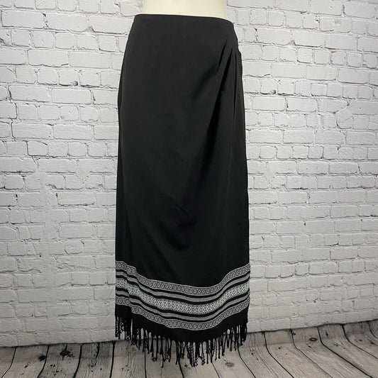 VTG Coldwater Creek Black Wrap Button Maxi Pencil Fringe Skirt USA Made Size 10