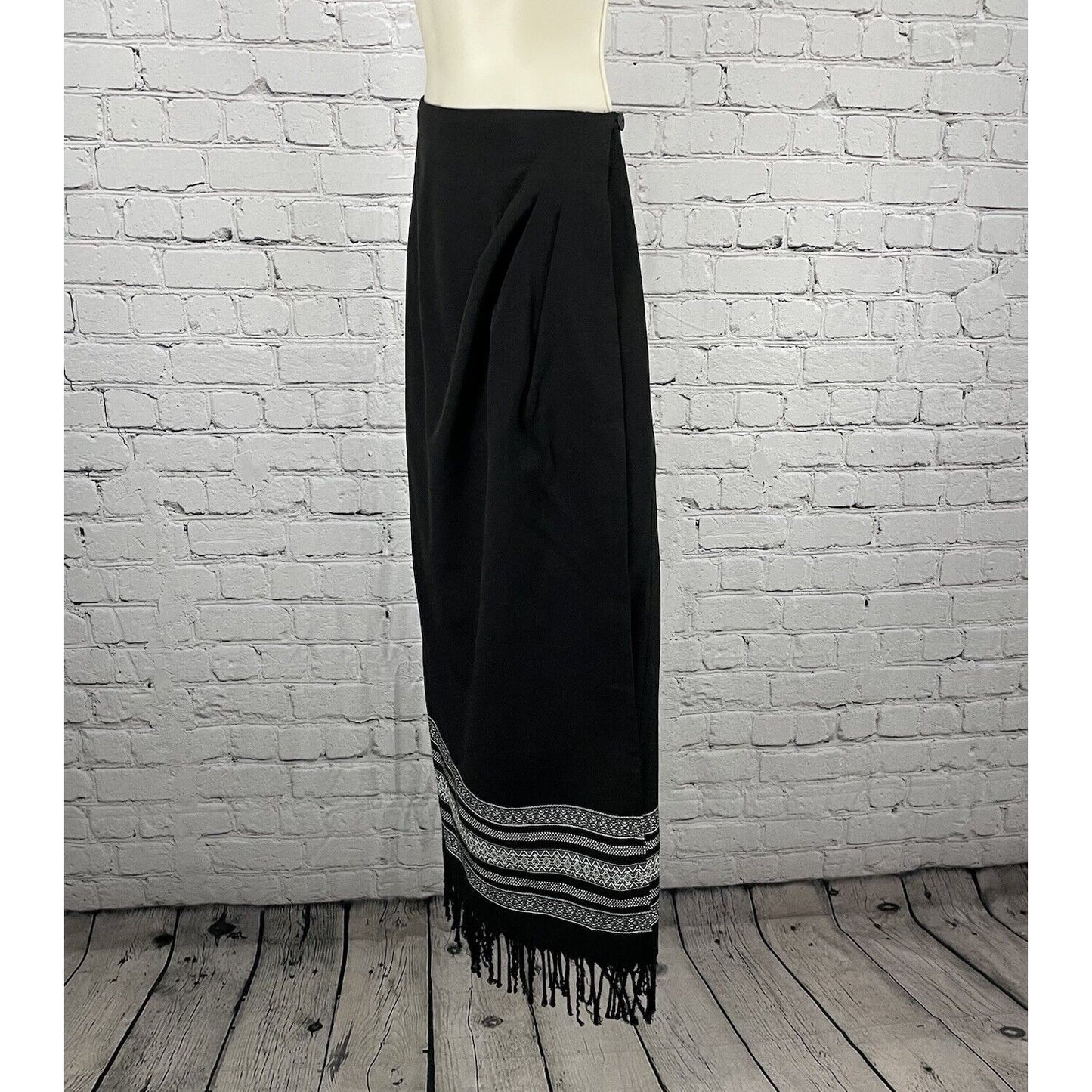 VTG Coldwater Creek Black Wrap Button Maxi Pencil Fringe Skirt USA Made Size 10