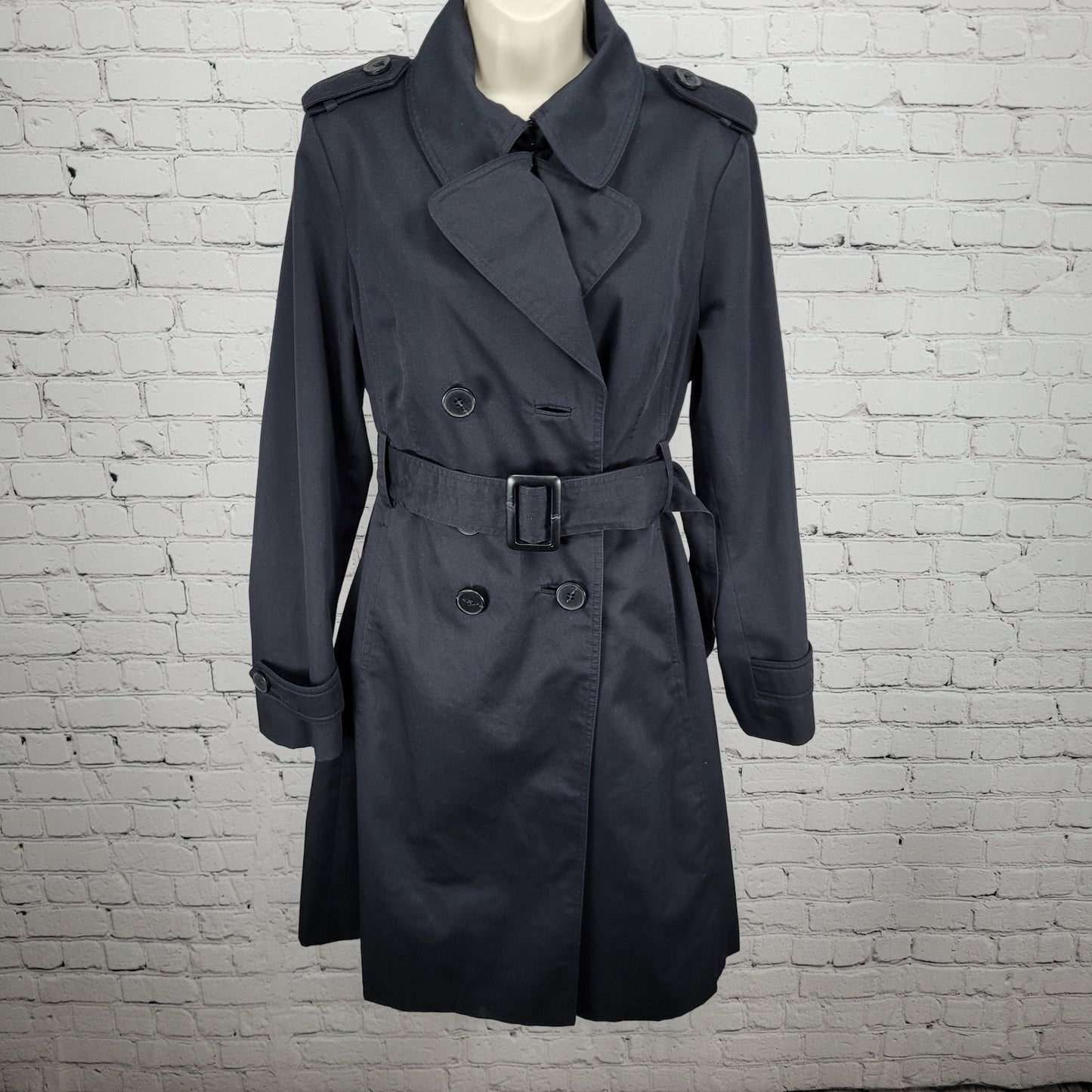 London Fog Black Double Breasted Buttoned Belted Pleated Long Trench Coat 6