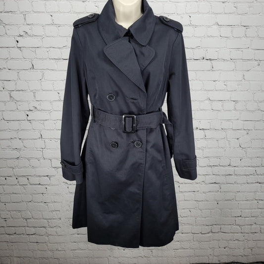 London Fog Black Double Breasted Buttoned Belted Pleated Long Trench Coat 6