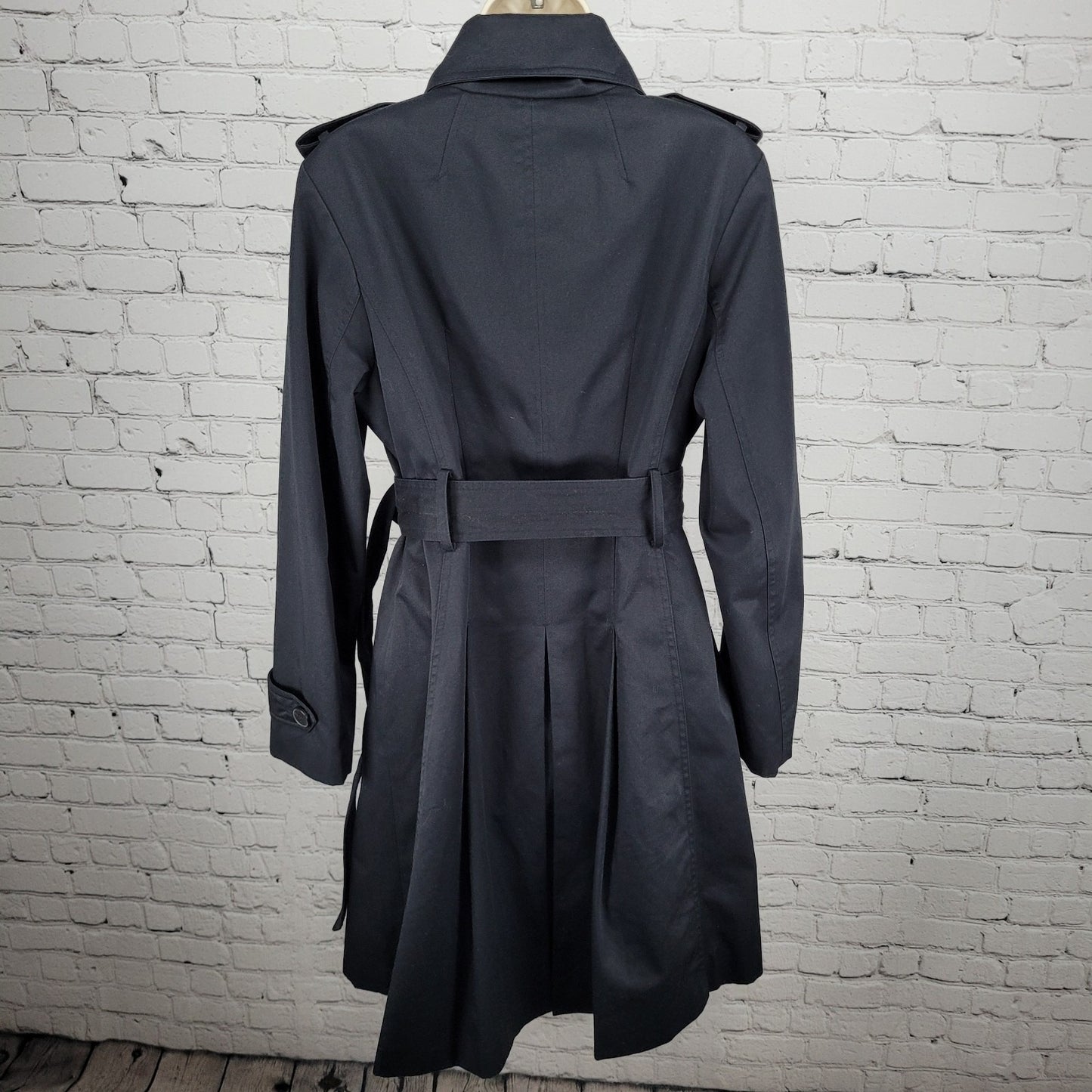 London Fog Black Double Breasted Buttoned Belted Pleated Long Trench Coat 6
