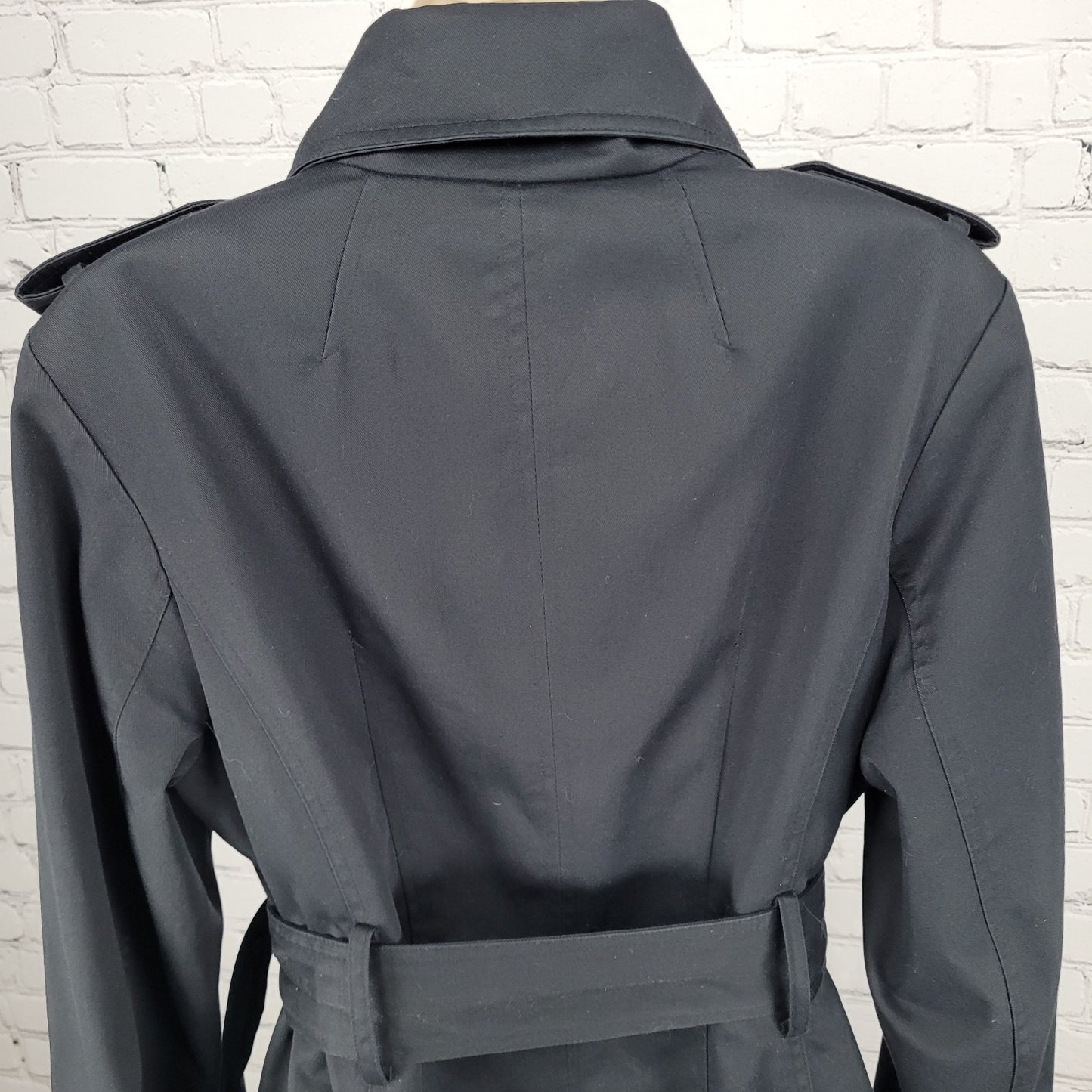 London Fog Black Double Breasted Buttoned Belted Pleated Long Trench Coat 6