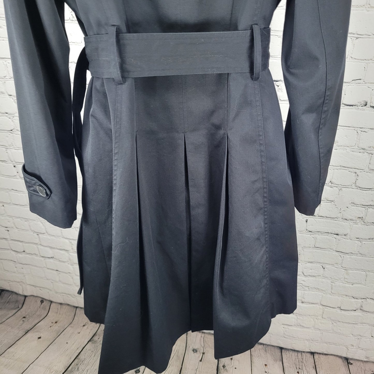 London Fog Black Double Breasted Buttoned Belted Pleated Long Trench Coat 6
