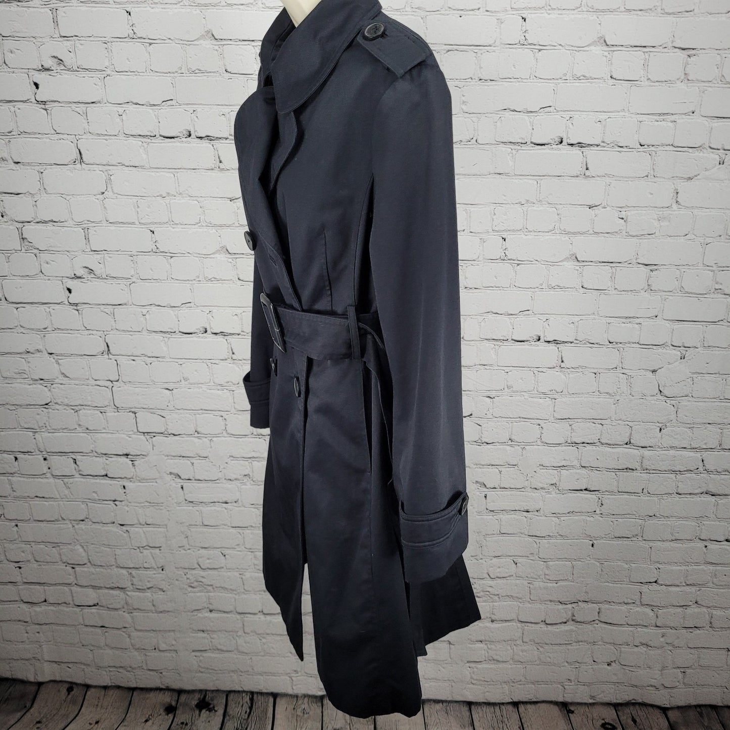 London Fog Black Double Breasted Buttoned Belted Pleated Long Trench Coat 6
