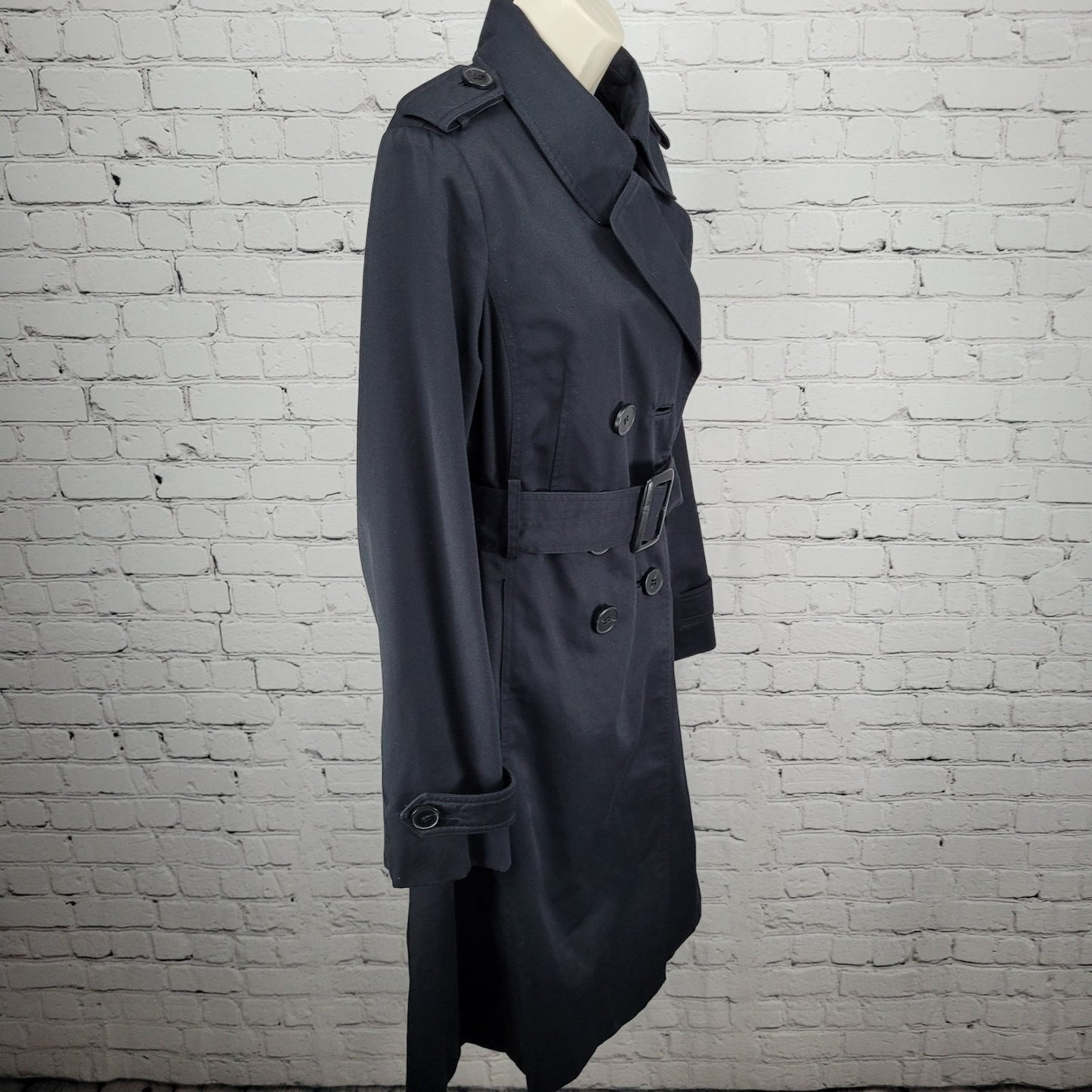 London Fog Black Double Breasted Buttoned Belted Pleated Long Trench Coat 6