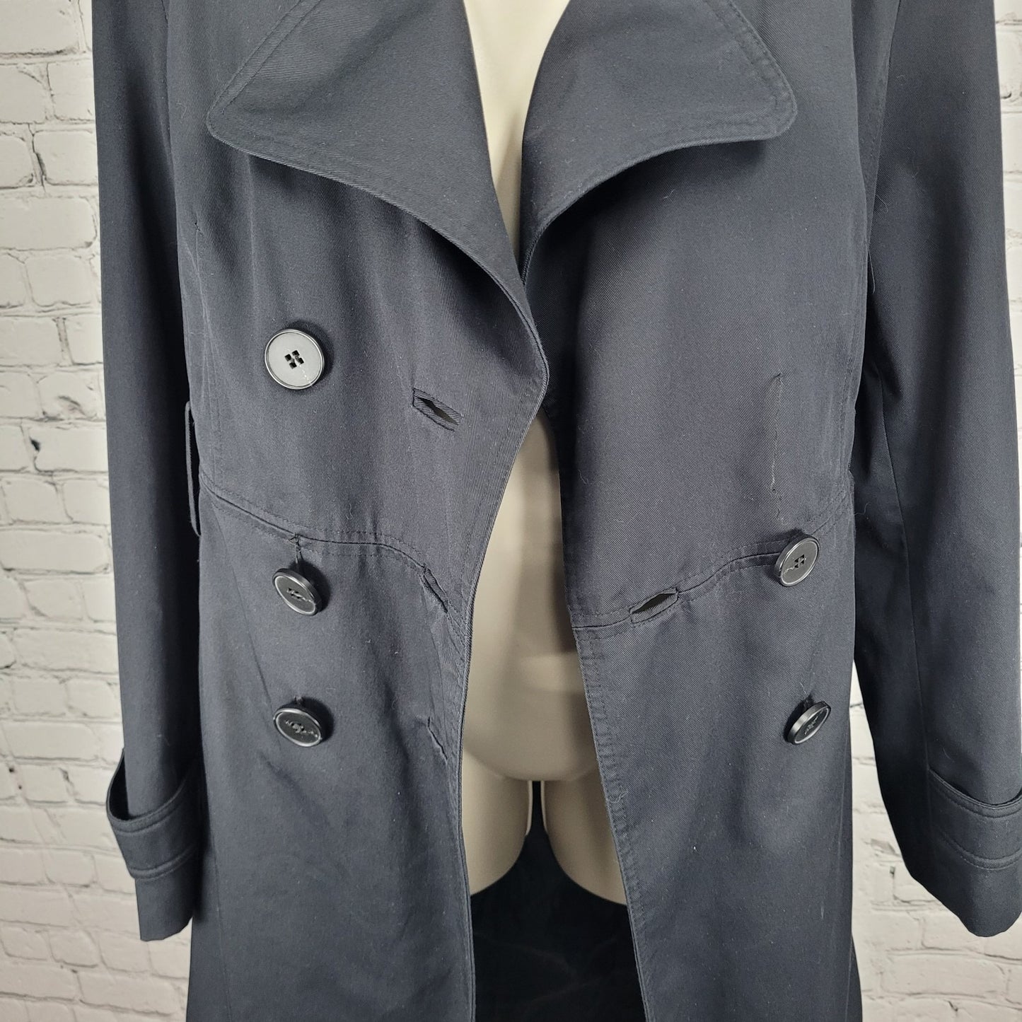 London Fog Black Double Breasted Buttoned Belted Pleated Long Trench Coat 6