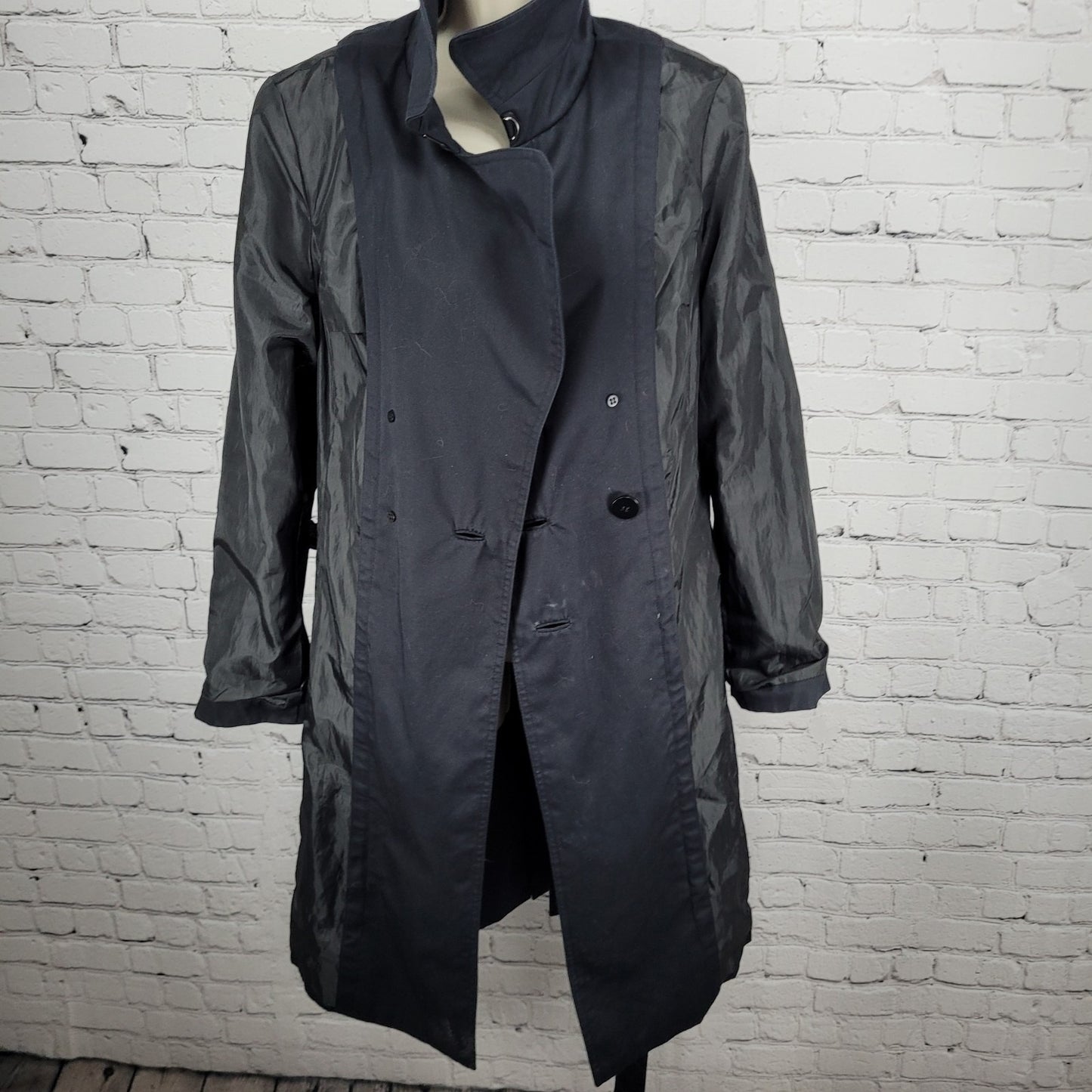 London Fog Black Double Breasted Buttoned Belted Pleated Long Trench Coat 6