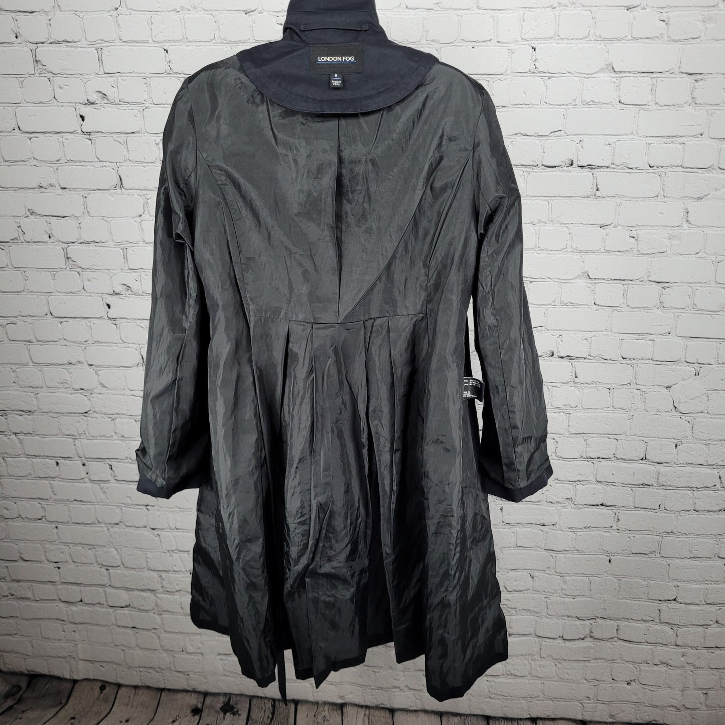 London Fog Black Double Breasted Buttoned Belted Pleated Long Trench Coat 6