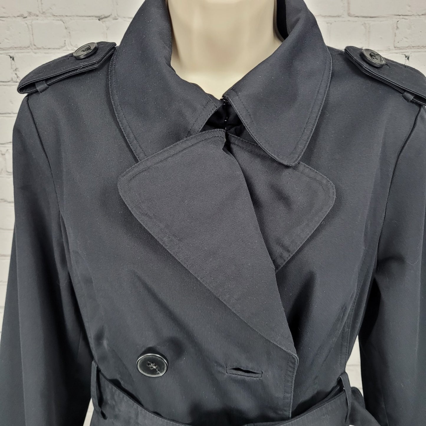 London Fog Black Double Breasted Buttoned Belted Pleated Long Trench Coat 6