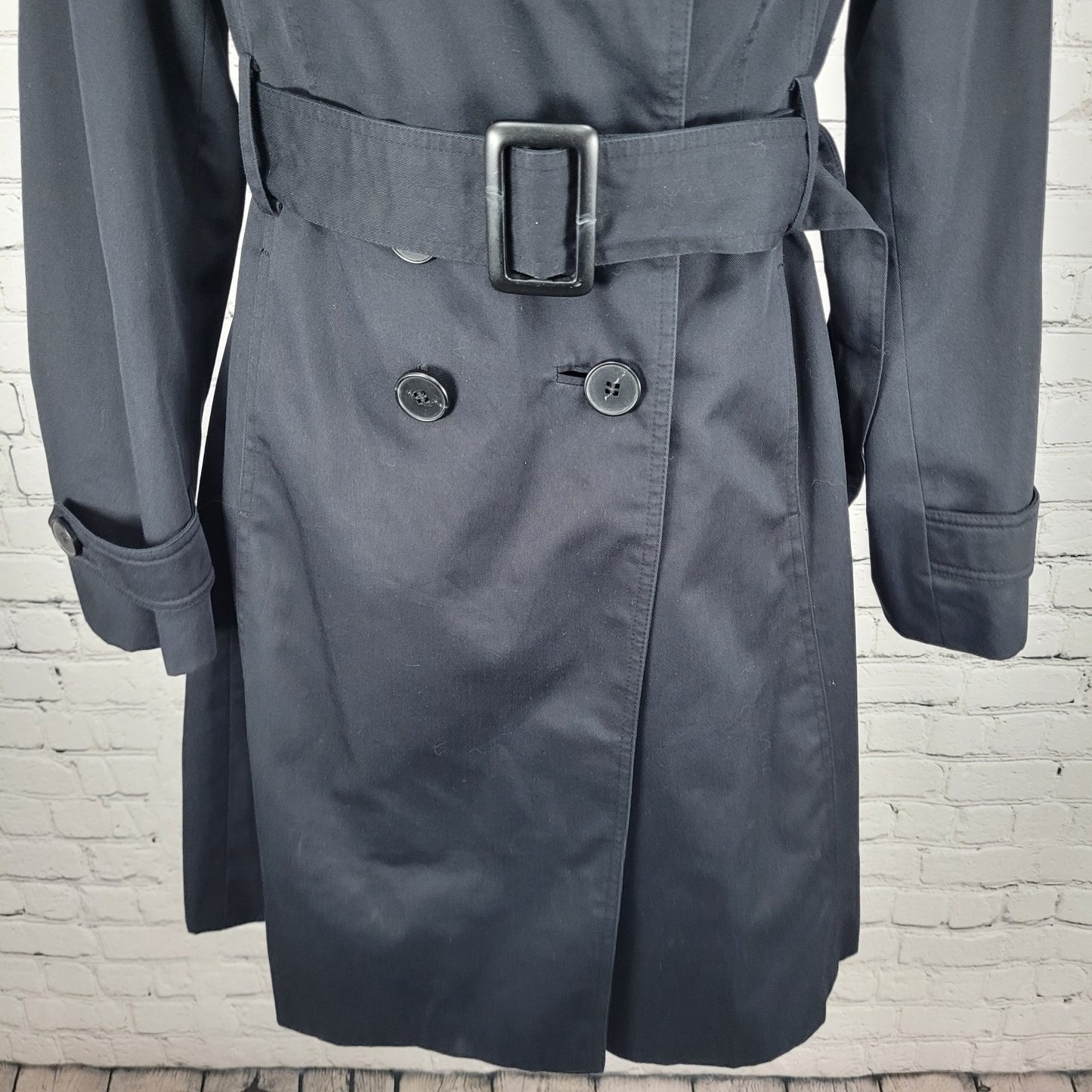 London Fog Black Double Breasted Buttoned Belted Pleated Long Trench Coat 6