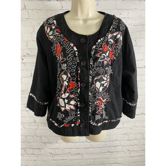 Vintage Choices Black Red White Floral Embroidered Button Up Top Jacket Shirt XL