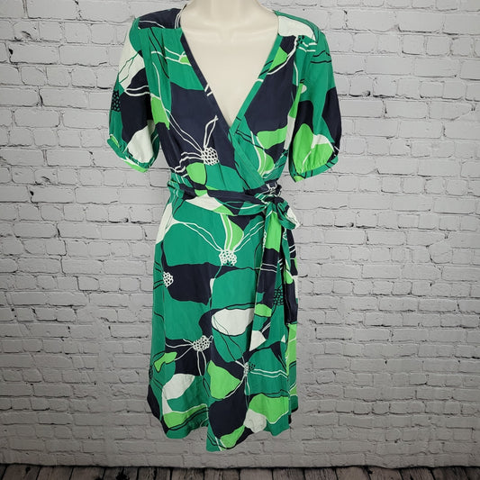 Banana Republic Green 100% Silk Floral Tie Unlined Midi Wrap Dress Size 6