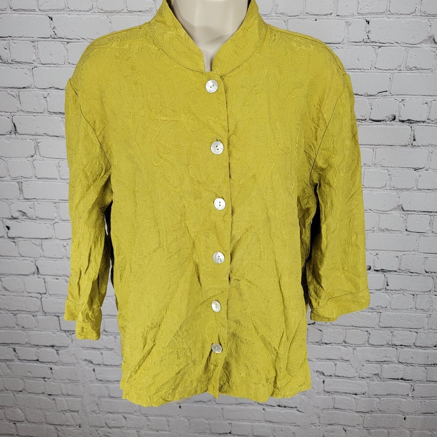Chico's Green Yellow Silk Blend Paisley Button Up Blouse Top Size 1 (US 8)