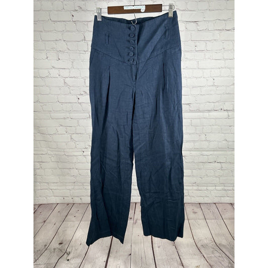 MNG SUIT Blue High Waisted 100% Linen Wide Leg Trousers Dress Pants 8 (29 x 32)