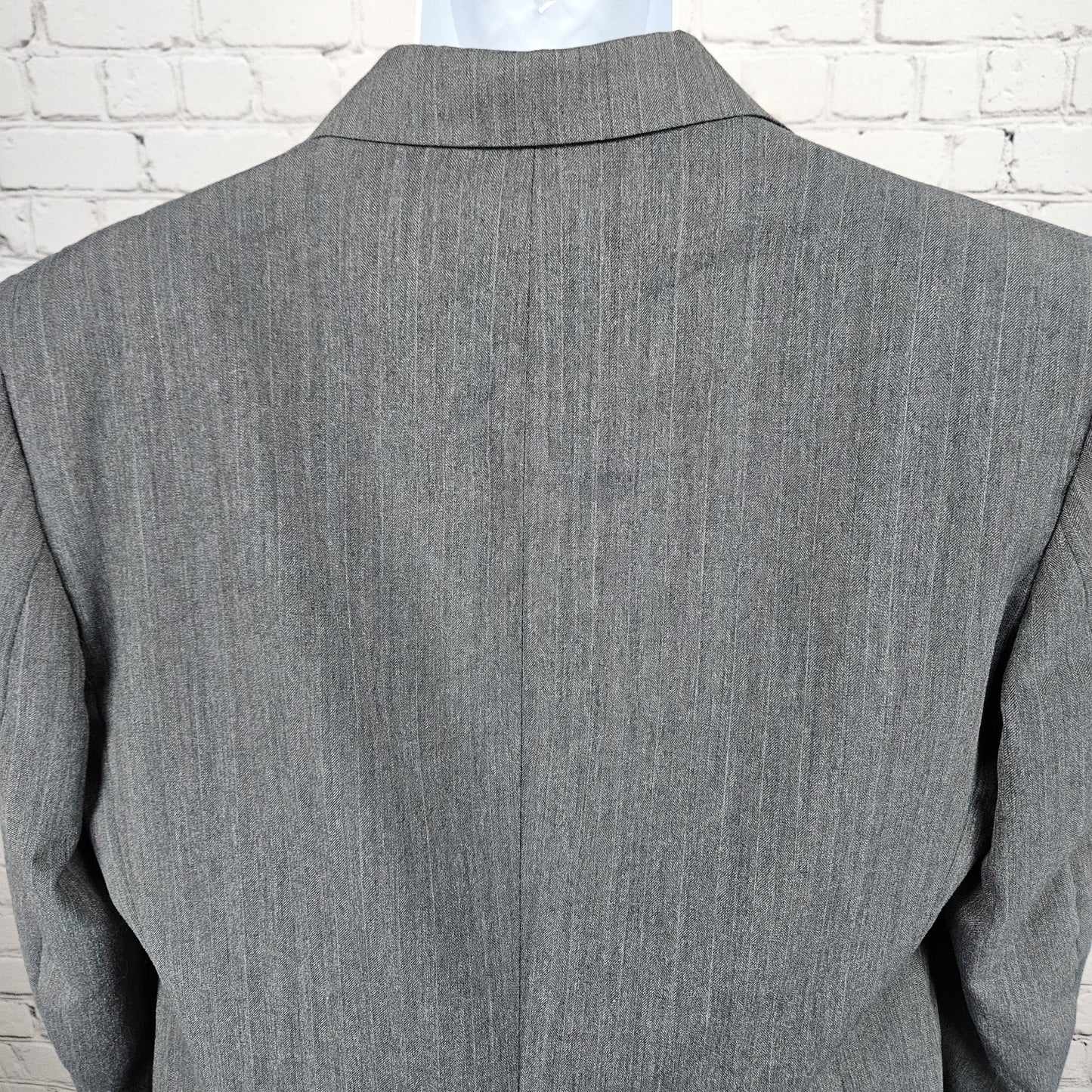 VTG Eagle Clothes Grey Pinestriped Full Suit Flat Front Notch Retro USA 42 33x32