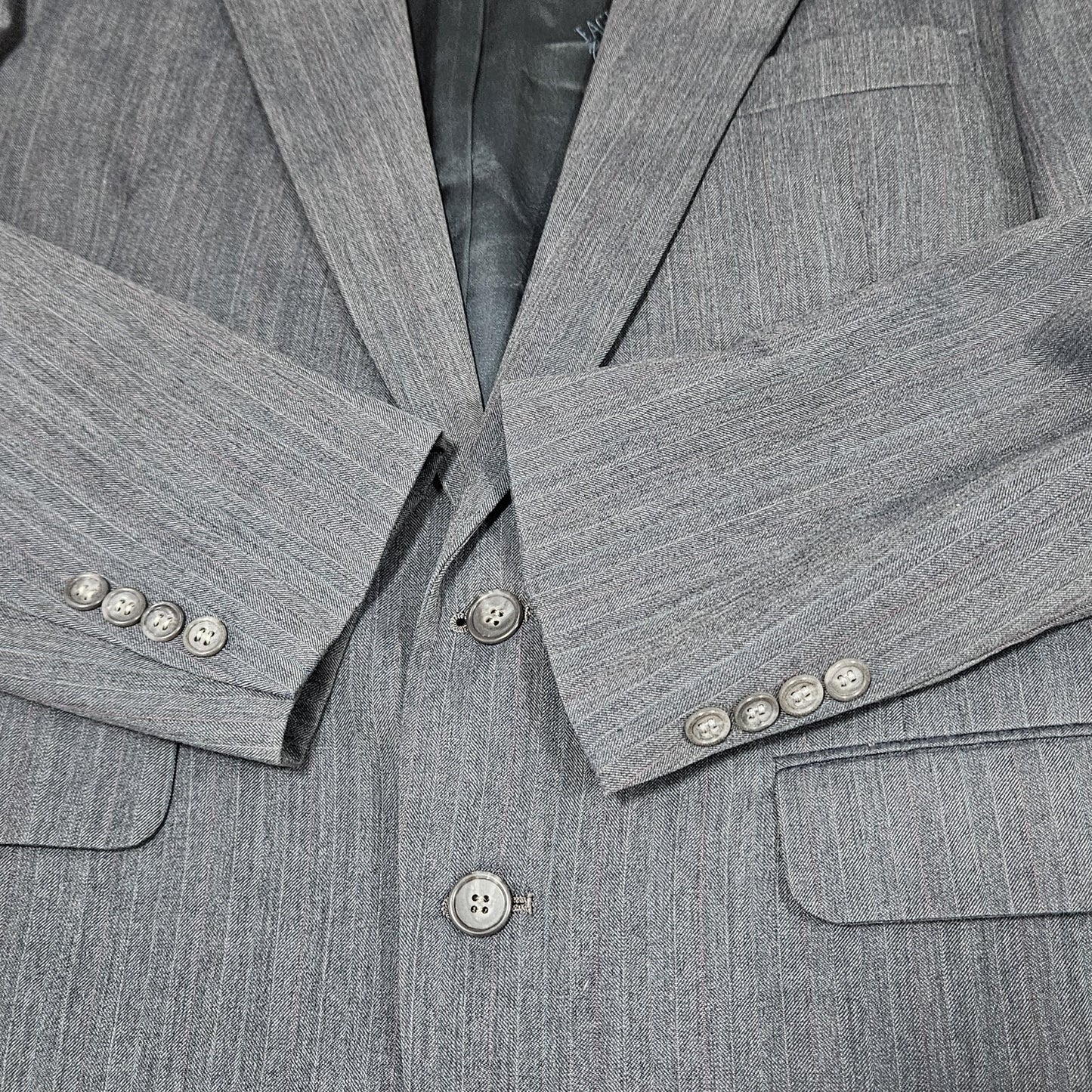 VTG Eagle Clothes Grey Pinestriped Full Suit Flat Front Notch Retro USA 42 33x32