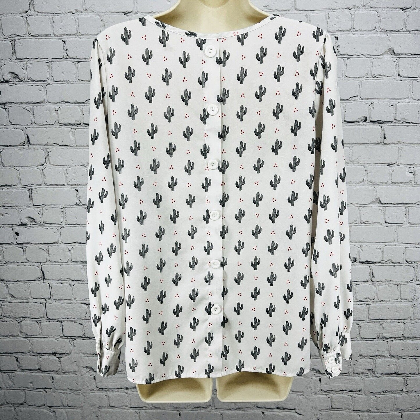 Jessy B Off White Cactus Print Long Sleeve Blouse Faux Button Back Size Medium M