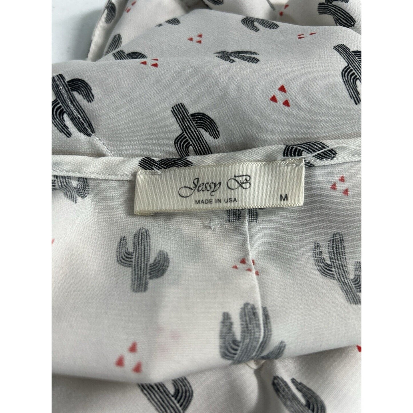 Jessy B Off White Cactus Print Long Sleeve Blouse Faux Button Back Size Medium M