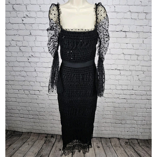 NWT Bella Barnett Black Sheer Polka Dot Overlay Sequin Bodycon Maxi Dress XS