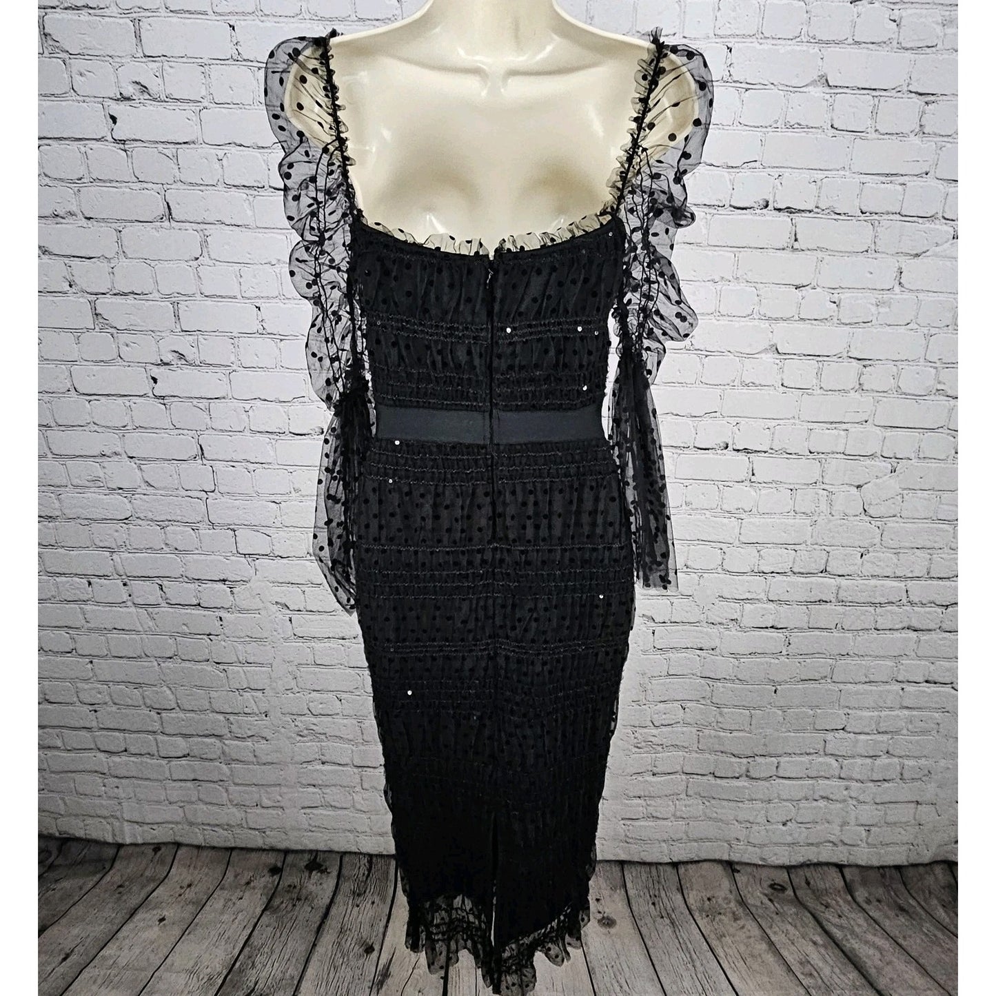 NWT Bella Barnett Black Sheer Polka Dot Overlay Sequin Bodycon Maxi Dress XS