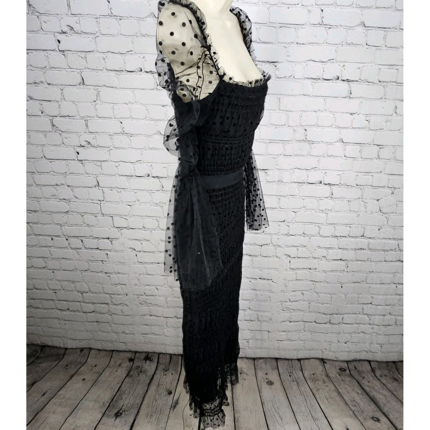 NWT Bella Barnett Black Sheer Polka Dot Overlay Sequin Bodycon Maxi Dress XS