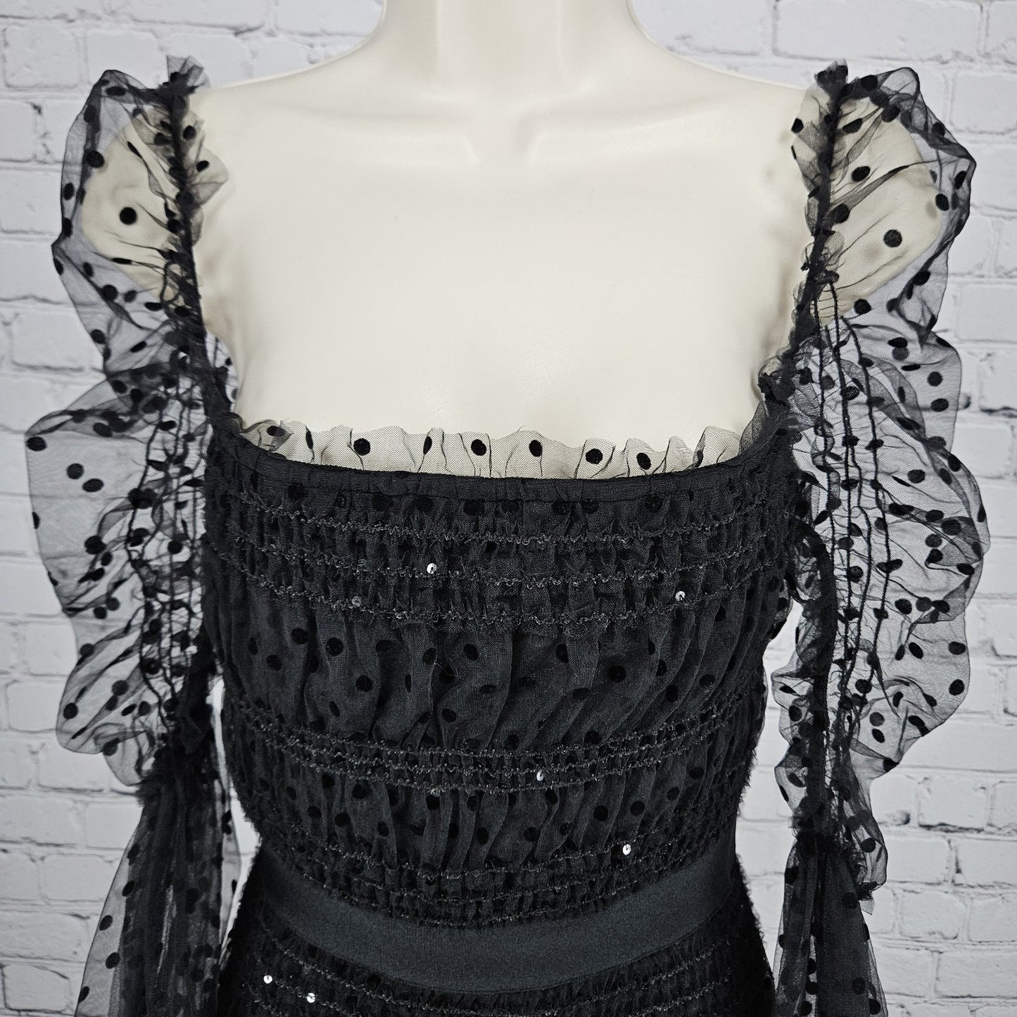 NWT Bella Barnett Black Sheer Polka Dot Overlay Sequin Bodycon Maxi Dress XS