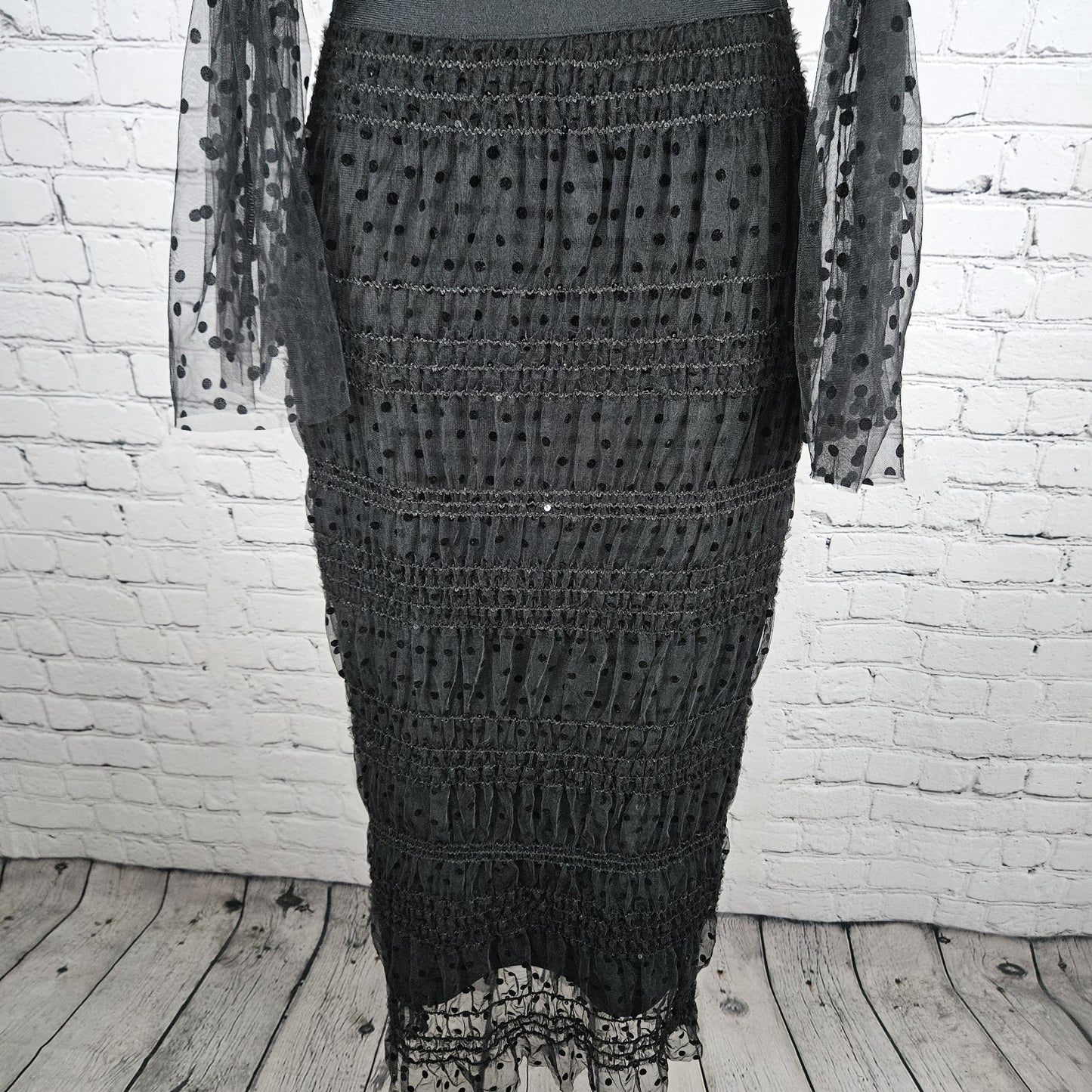 NWT Bella Barnett Black Sheer Polka Dot Overlay Sequin Bodycon Maxi Dress XS