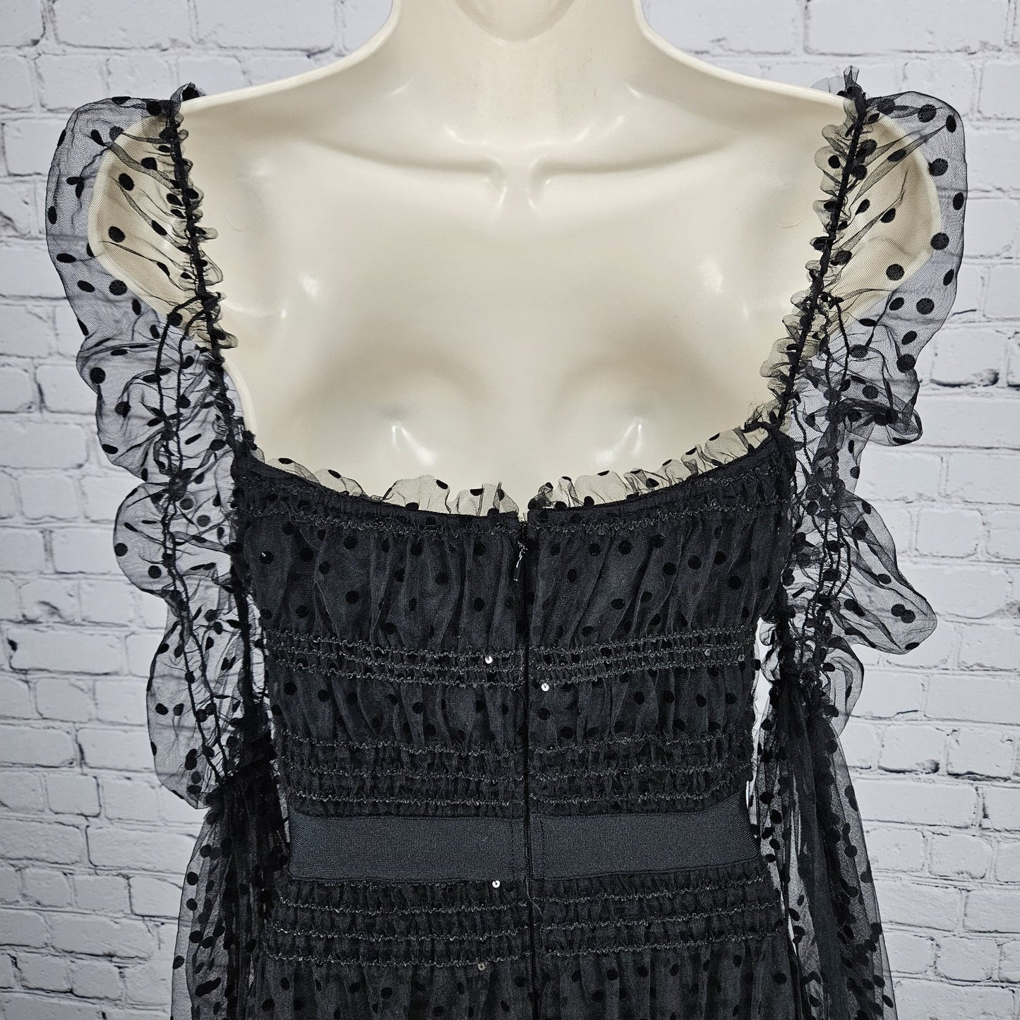 NWT Bella Barnett Black Sheer Polka Dot Overlay Sequin Bodycon Maxi Dress XS