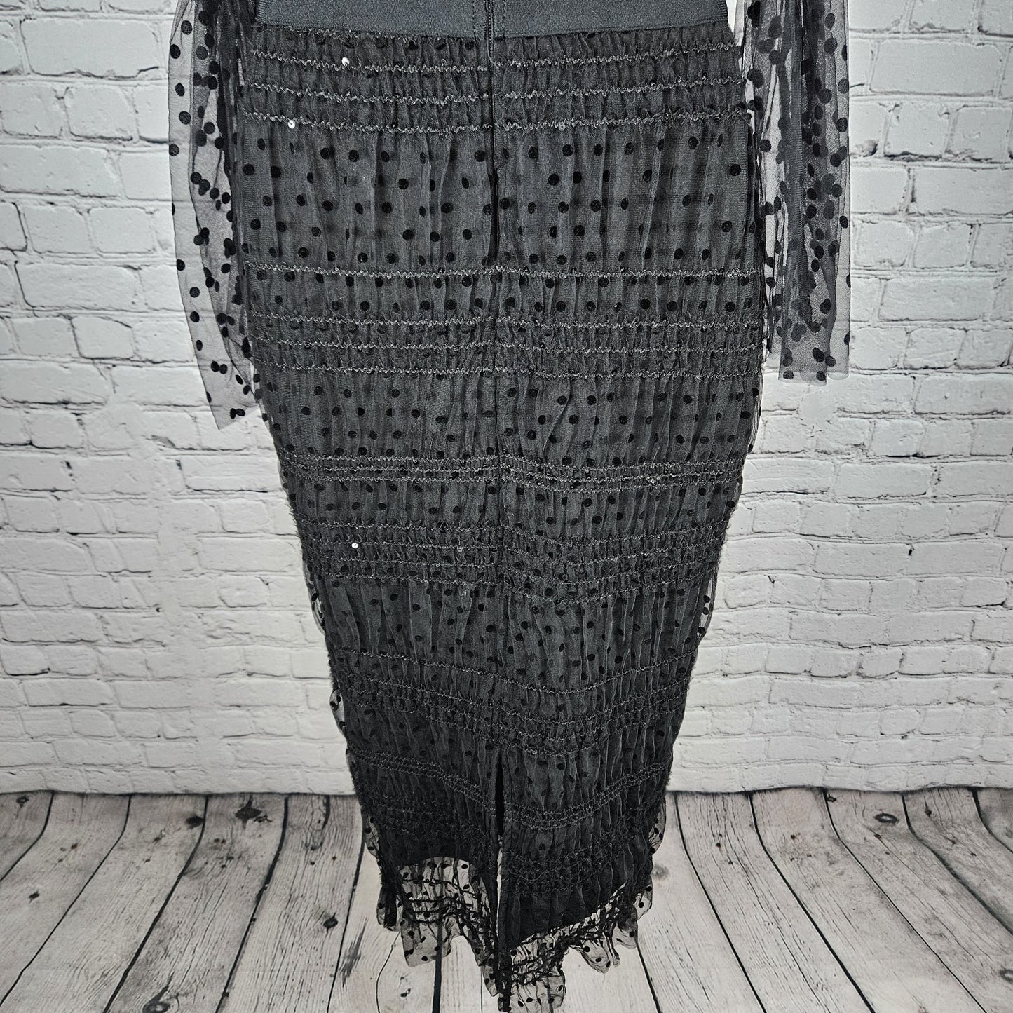 NWT Bella Barnett Black Sheer Polka Dot Overlay Sequin Bodycon Maxi Dress XS