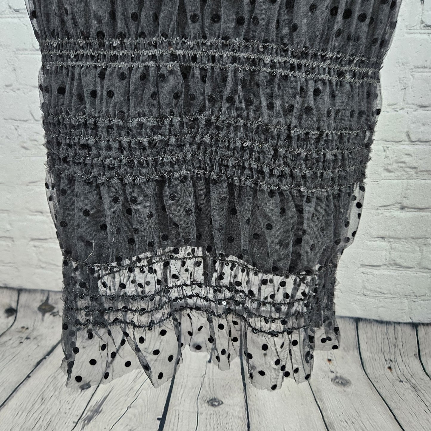 NWT Bella Barnett Black Sheer Polka Dot Overlay Sequin Bodycon Maxi Dress XS