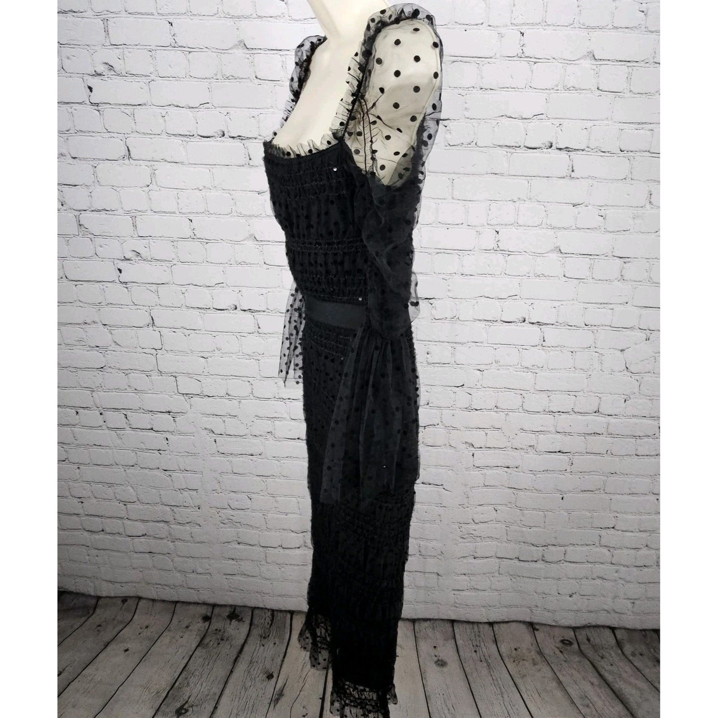 NWT Bella Barnett Black Sheer Polka Dot Overlay Sequin Bodycon Maxi Dress XS