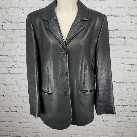 Harold's Black Soft Genuine Leather Buttoned Lined Blazer Jacket Size 10