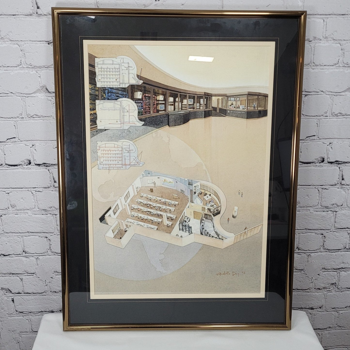 Elizabeth Day Architectural Rendering Watercolor Painting Framed 3D 20x27"