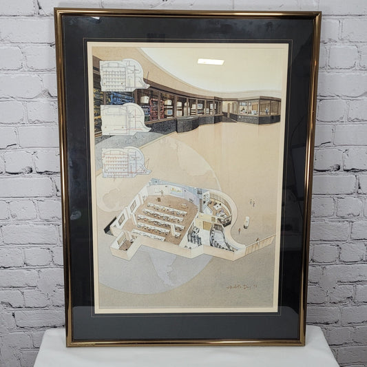 Elizabeth Day Architectural Rendering Watercolor Painting Framed 3D 20x27"