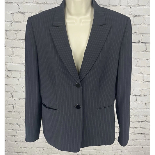 Tahari Black Pinstriped 2 Button Ventless Peak Suit Blazer Jacket Size 12