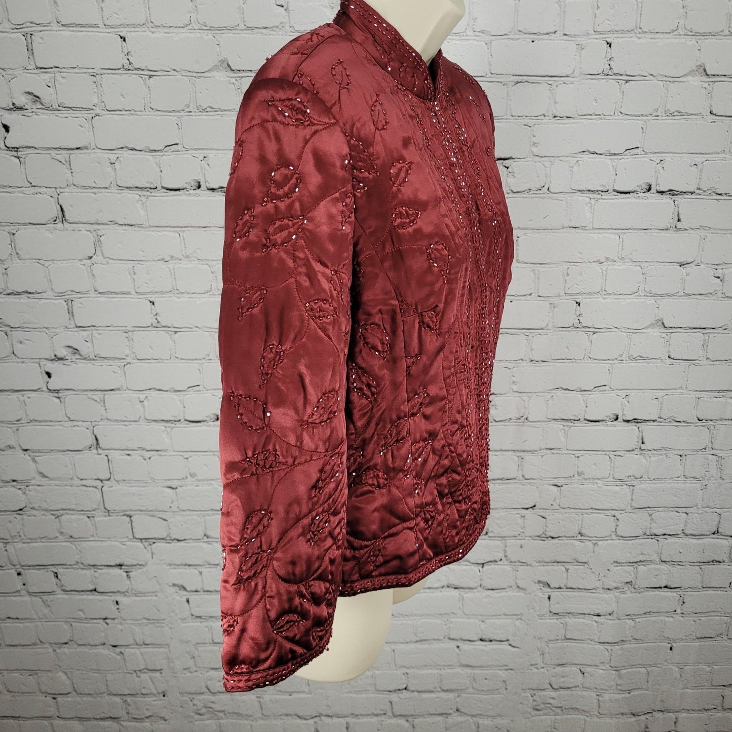 Spenser Evening Red 100% Silk Beaded Embroidered Leaves Lined Jacket Size 8