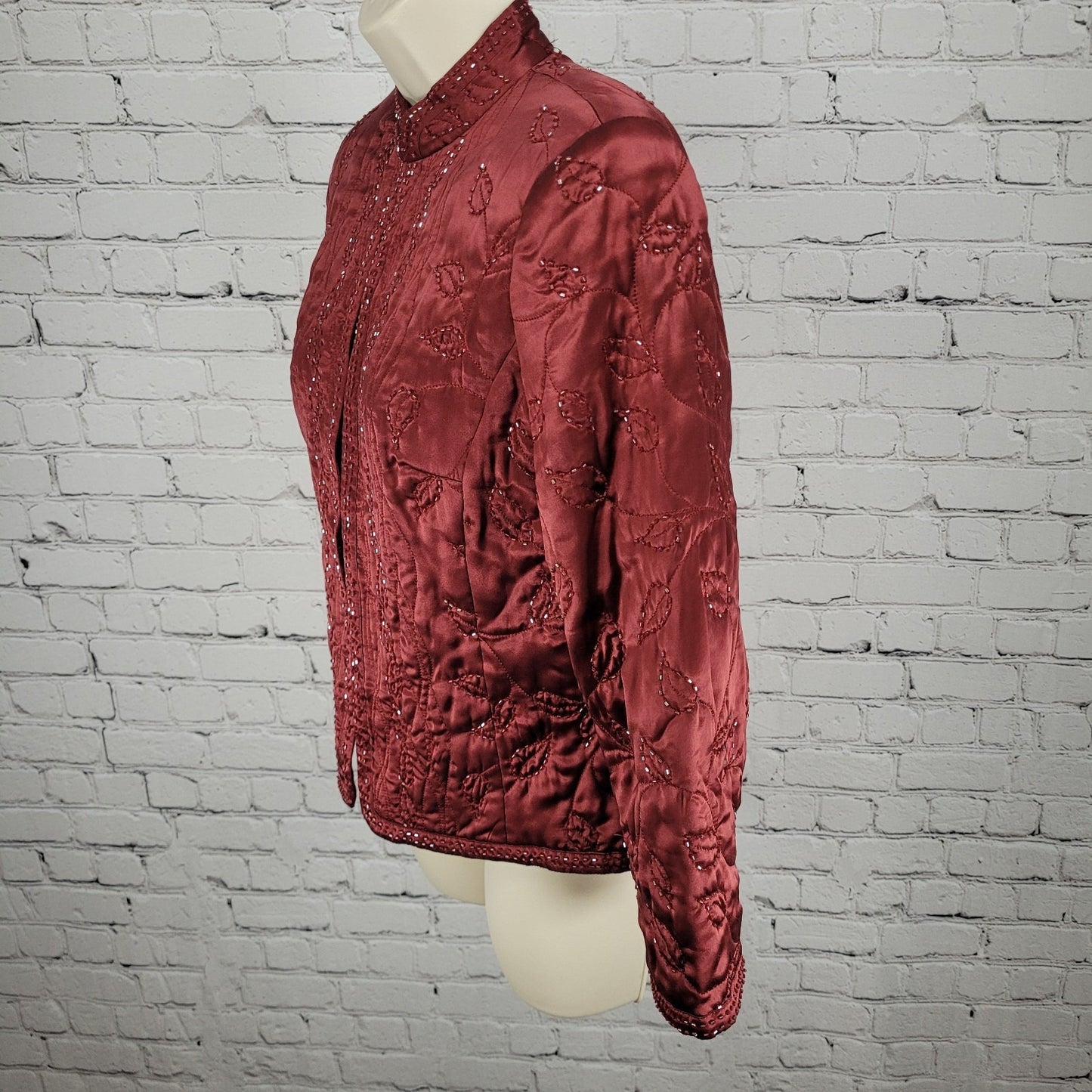 Spenser Evening Red 100% Silk Beaded Embroidered Leaves Lined Jacket Size 8