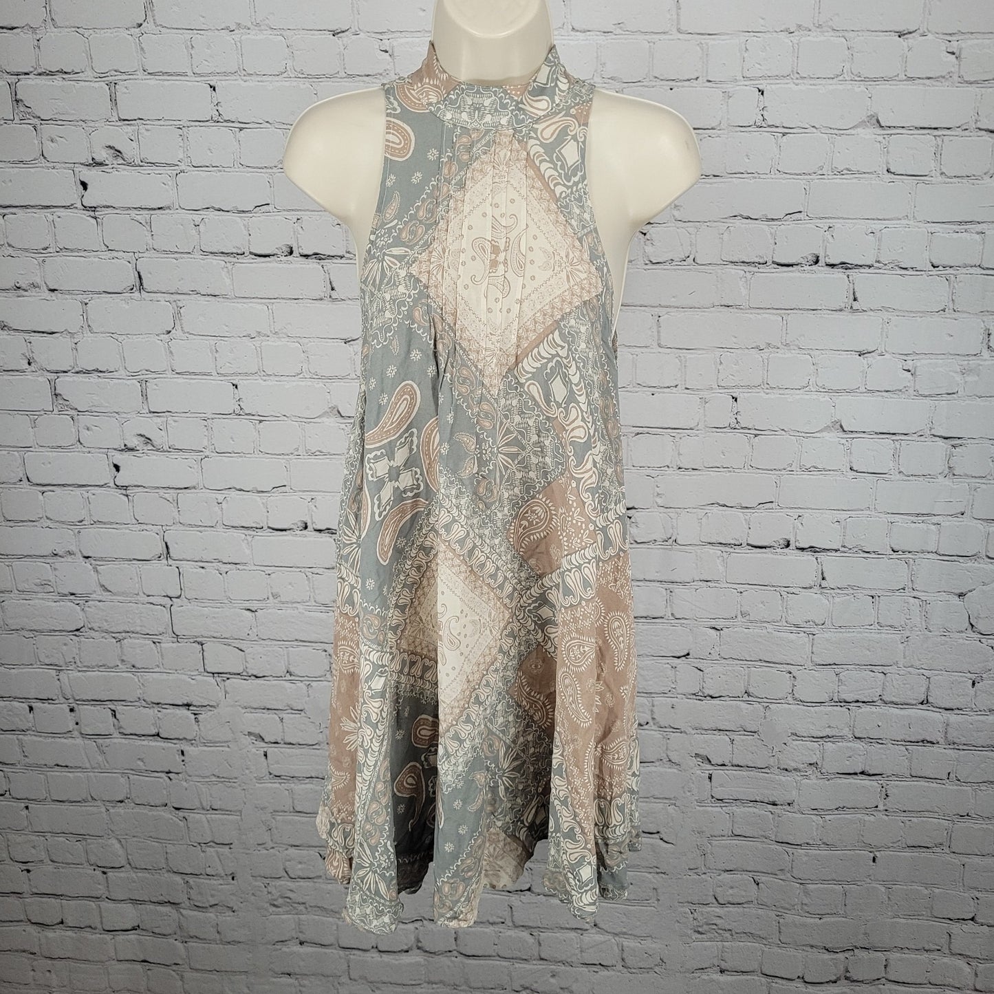 Intimately Free People Blue Tan Paisley Lightweight High Neck Mini Dress XS