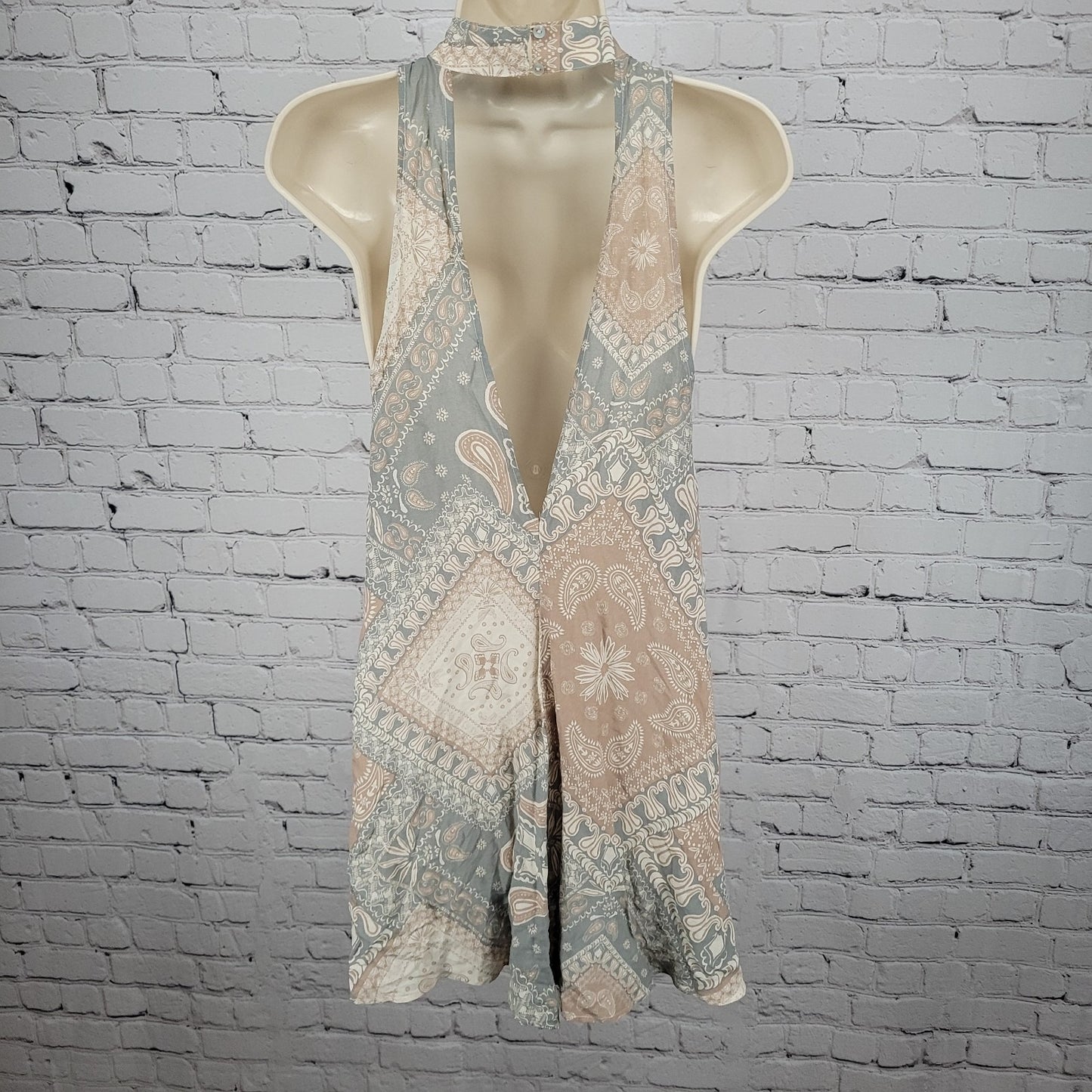 Intimately Free People Blue Tan Paisley Lightweight High Neck Mini Dress XS