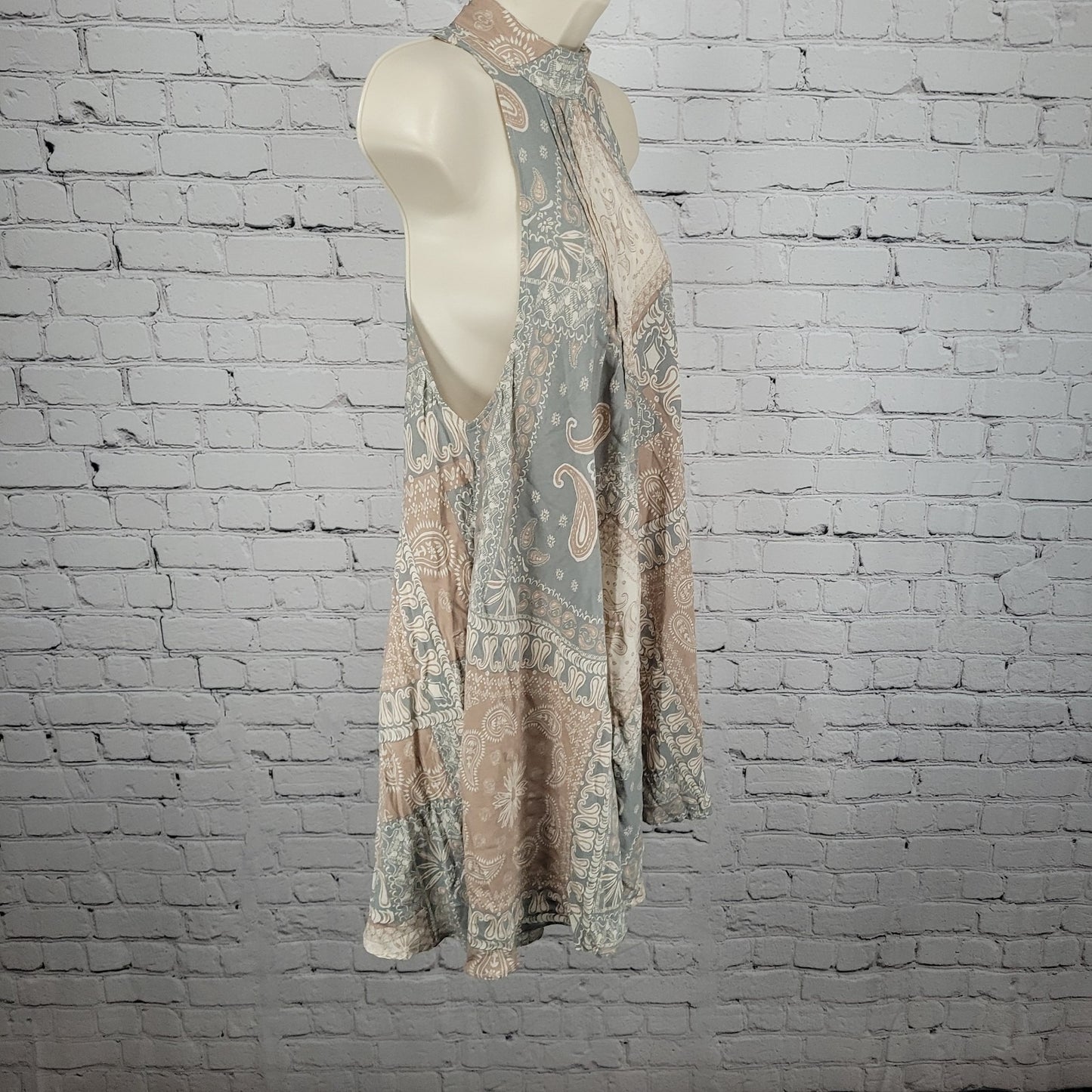 Intimately Free People Blue Tan Paisley Lightweight High Neck Mini Dress XS