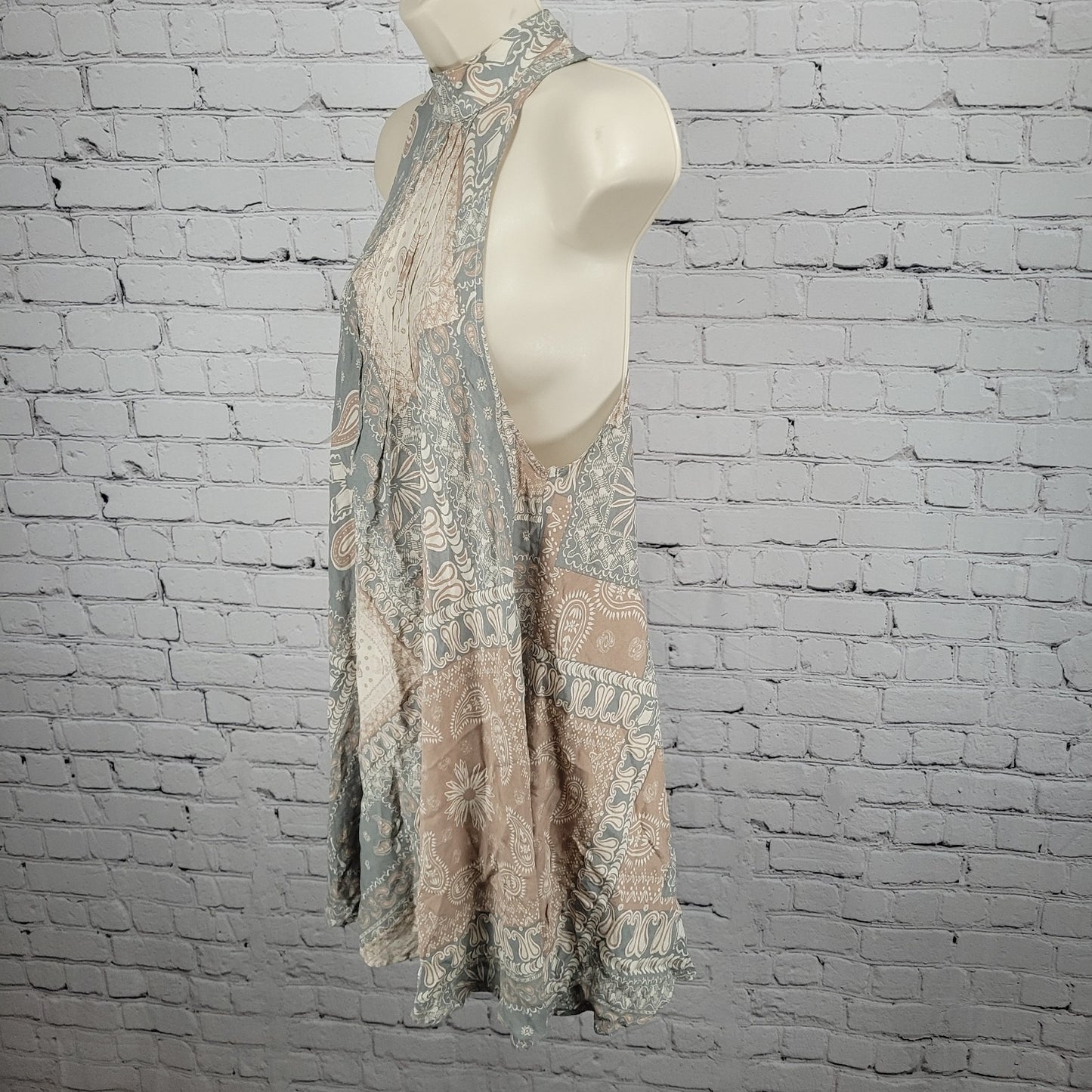 Intimately Free People Blue Tan Paisley Lightweight High Neck Mini Dress XS