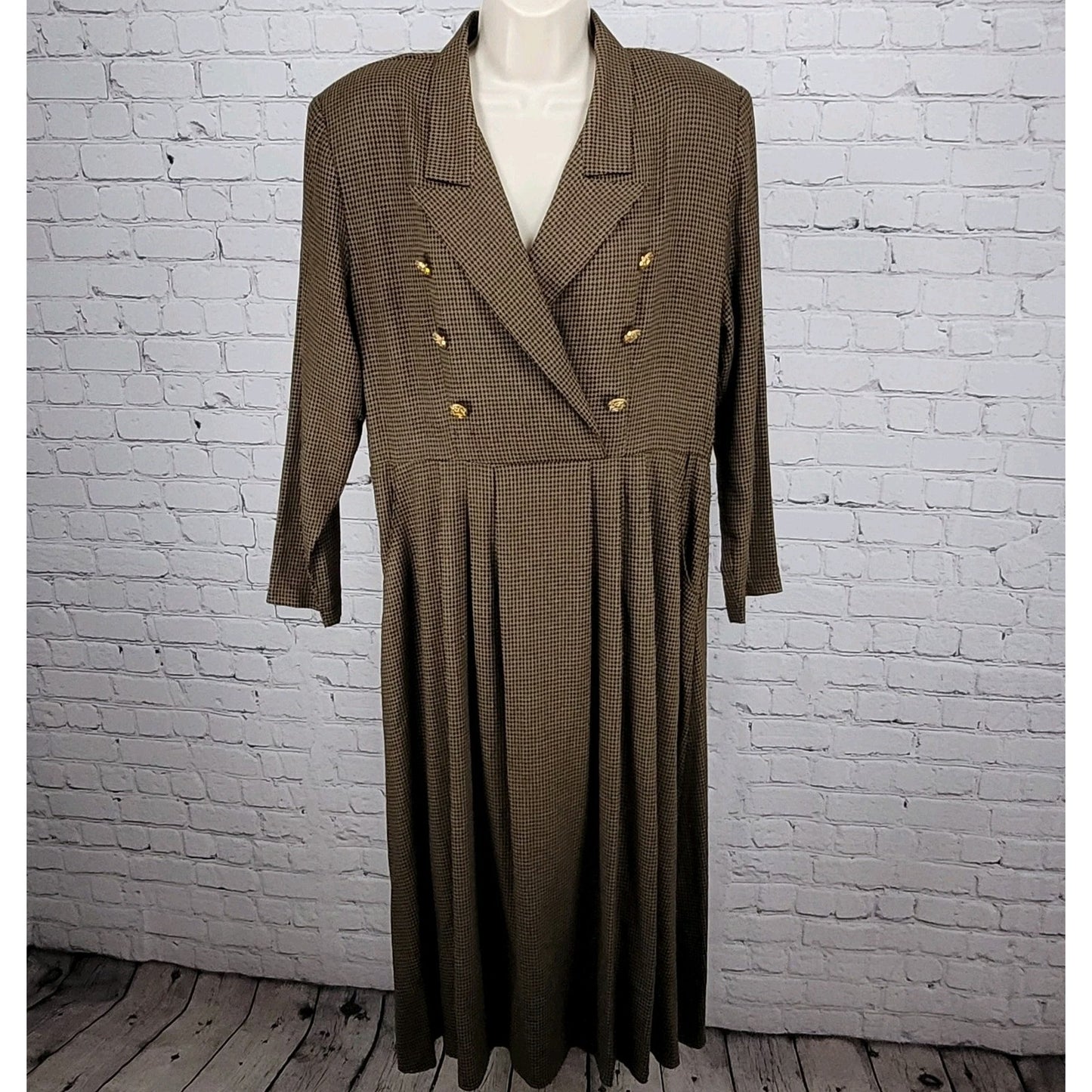 VTG Horchow Black Tan Houndstooth Long Sleeve Pleated Peak Lapel Jacket Dress 12