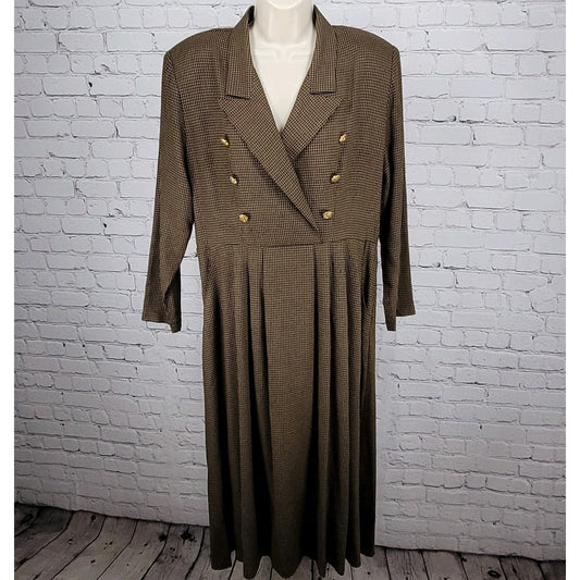 VTG Horchow Black Tan Houndstooth Long Sleeve Pleated Peak Lapel Jacket Dress 12