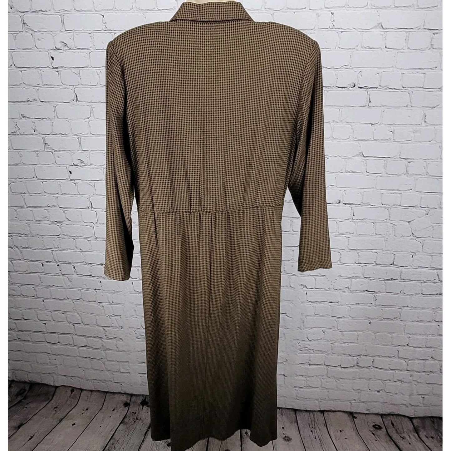 VTG Horchow Black Tan Houndstooth Long Sleeve Pleated Peak Lapel Jacket Dress 12