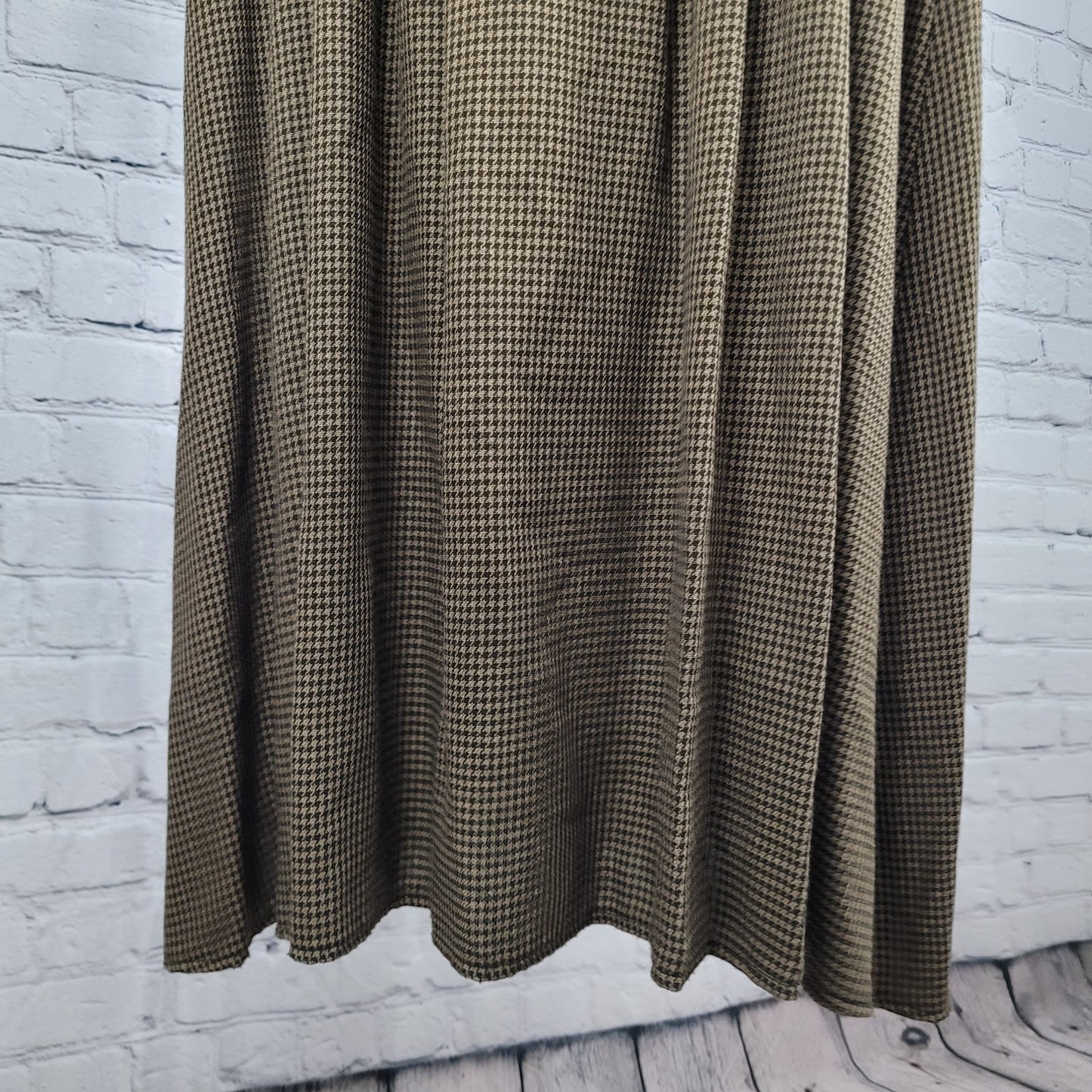 VTG Horchow Black Tan Houndstooth Long Sleeve Pleated Peak Lapel Jacket Dress 12